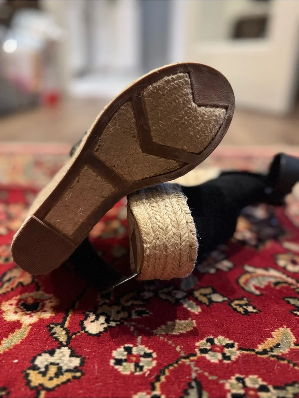 Marc Fisher Black Espadrille Wedge Sandals with Natural Jute Platform